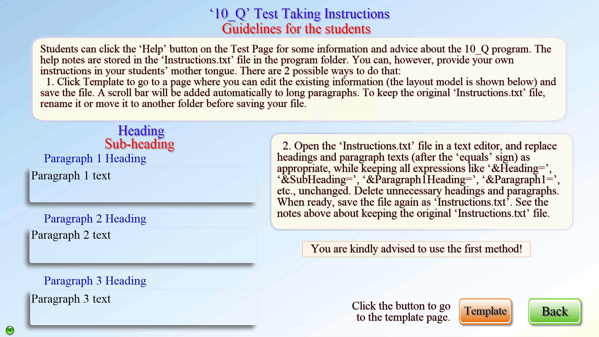 Test Taking Instructions Customization
